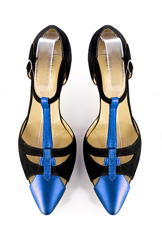 Electric blue and matt black women's T-strap open side shoes. Tapered toe. Medium flare heels. Top view - Florence KOOIJMAN